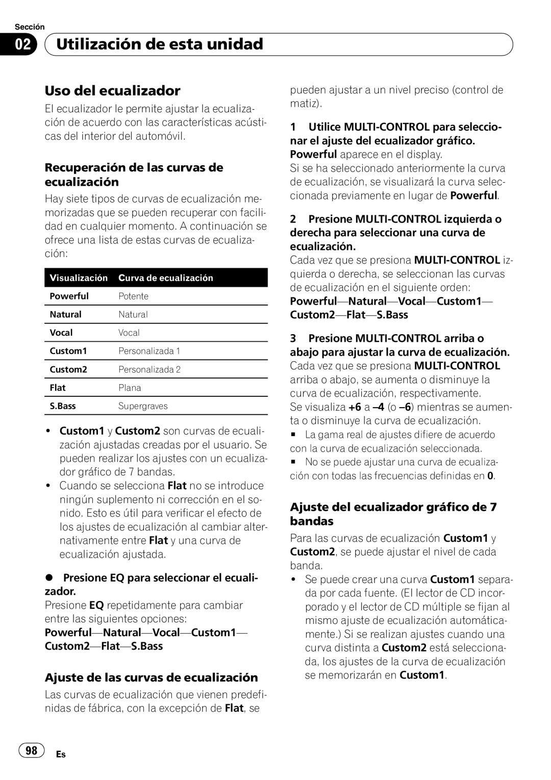 Pioneer DEH-P7900UB Uso del ecualizador, Recuperación de las curvas de ecualización, Ajuste de las curvas de ecualización 