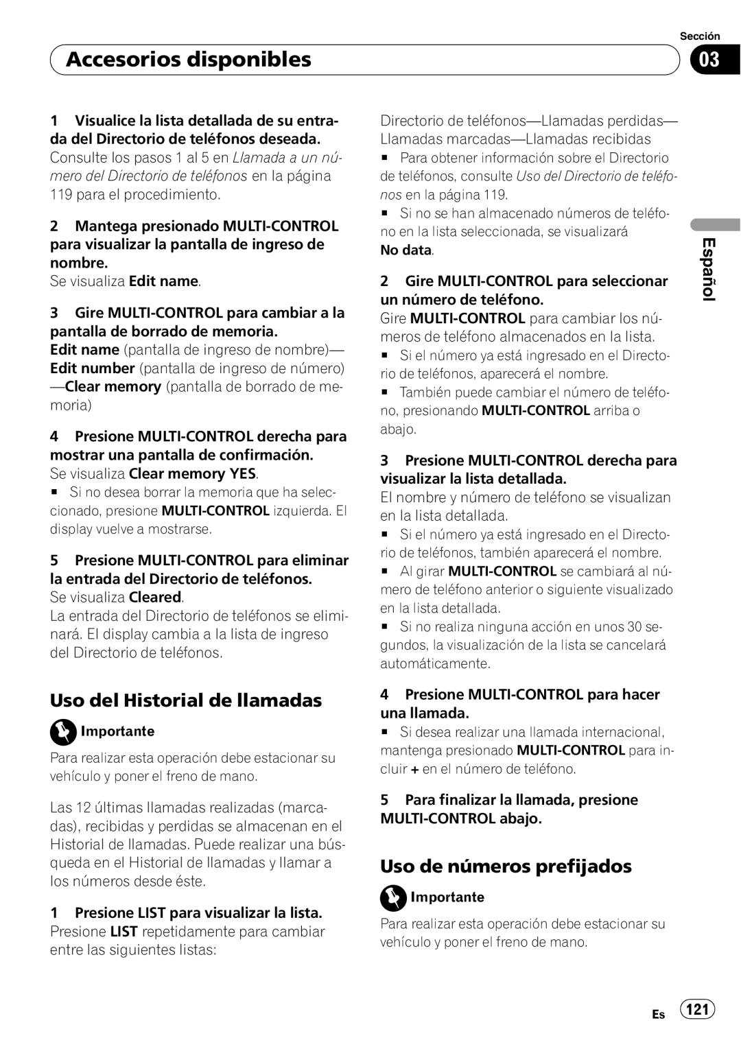 Pioneer DEH-P7900UB Uso del Historial de llamadas, Uso de números prefijados, Accesorios disponibles, Español 