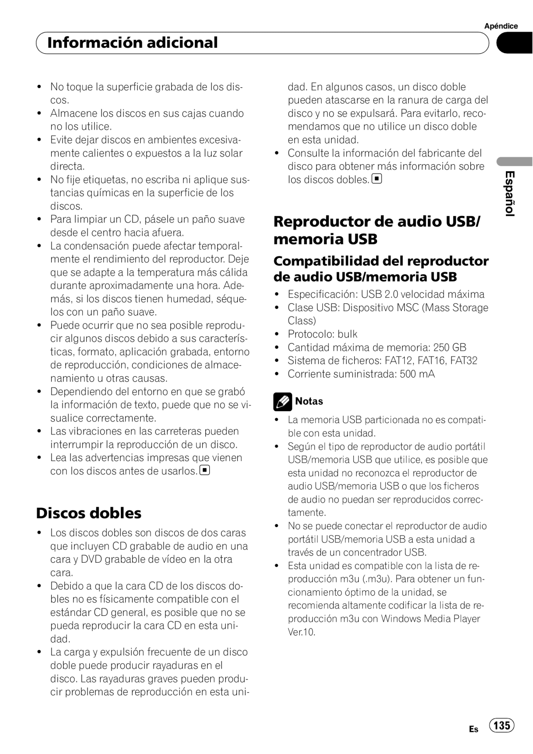 Pioneer DEH-P7900UB operation manual Discos dobles, Reproductor de audio USB/ memoria USB, Información adicional, Español 