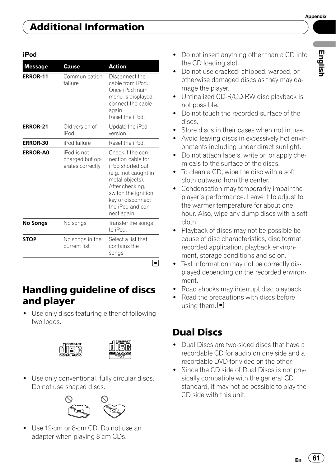 Pioneer DEH-P7900UB operation manual Handling guideline of discs and player, Dual Discs, Additional Information, English 