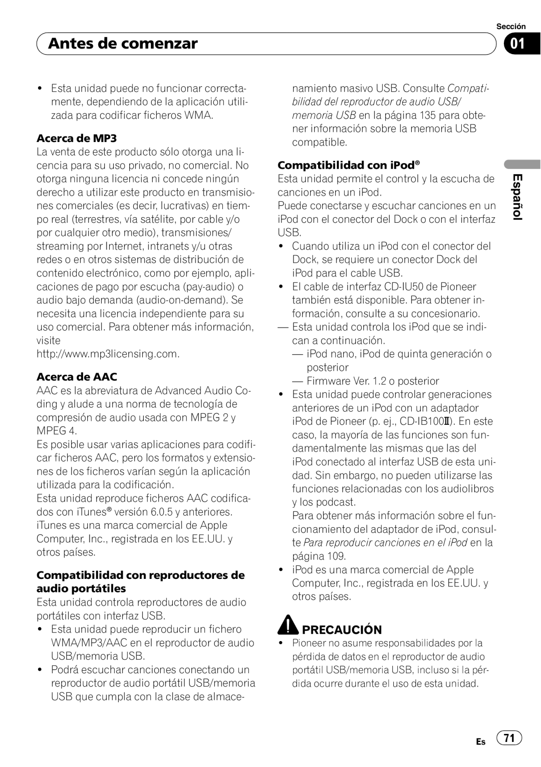 Pioneer DEH-P7900UB operation manual Antes de comenzar, Español, Precaución 