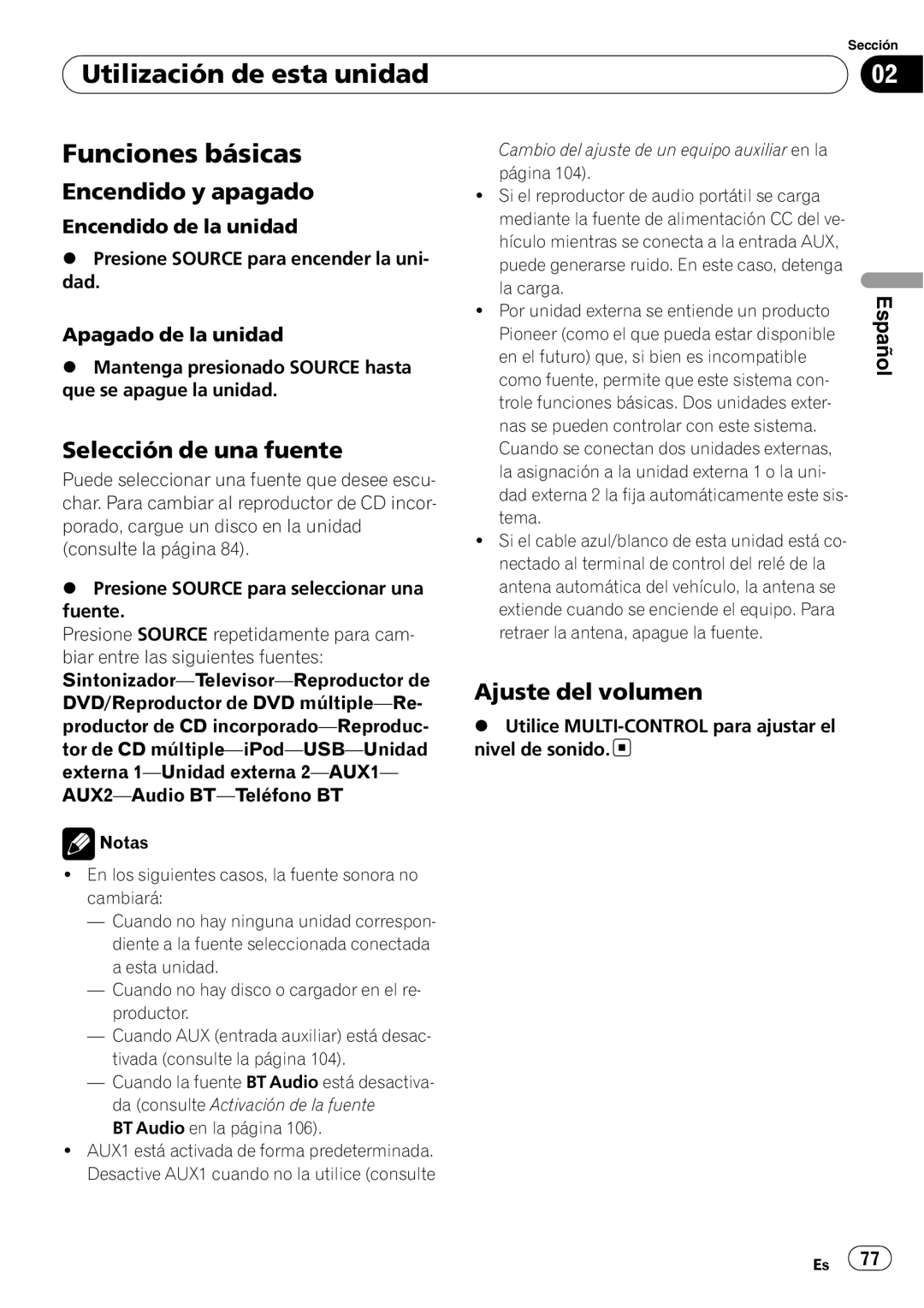 Pioneer DEH-P7900UB Funciones básicas, Encendido y apagado, Selección de una fuente, Ajuste del volumen, Español 