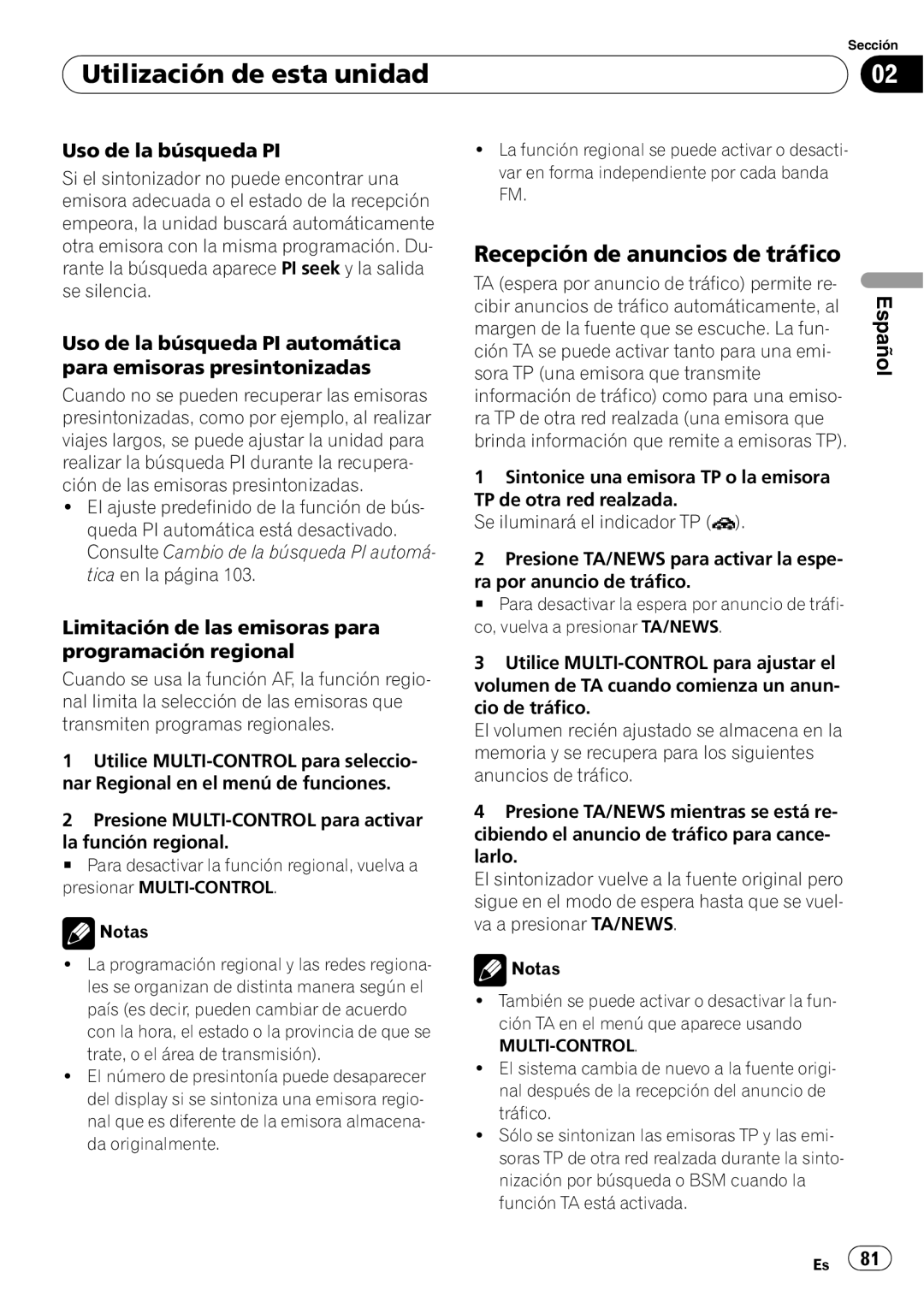 Pioneer DEH-P7900UB operation manual Recepción de anuncios de tráfico, Utilización de esta unidad, Español 