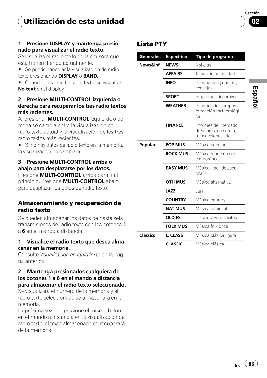 Pioneer DEH-P7900UB Lista PTY, Almacenamiento y recuperación de radio texto, Utilización de esta unidad, Español 