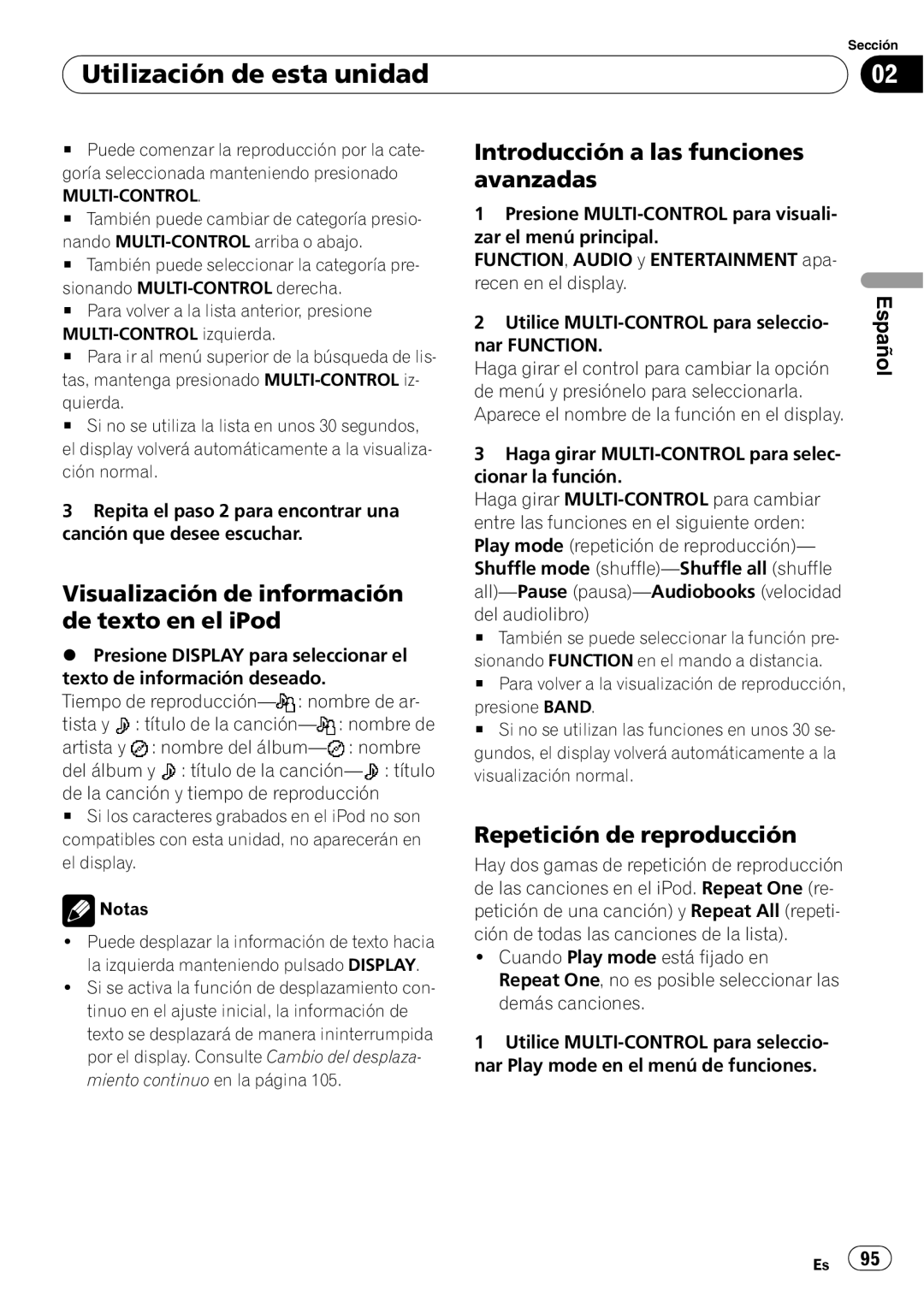 Pioneer DEH-P7900UB operation manual Visualización de información de texto en el iPod, Repetición de reproducción, Español 