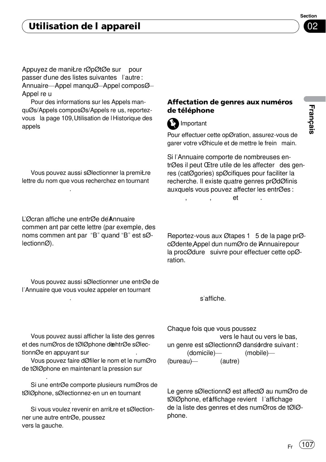 Pioneer DEH-P790BT Affectation de genres aux numéros de téléphone, Tionnée en appuyant sur MULTI-CONTROL, Display 