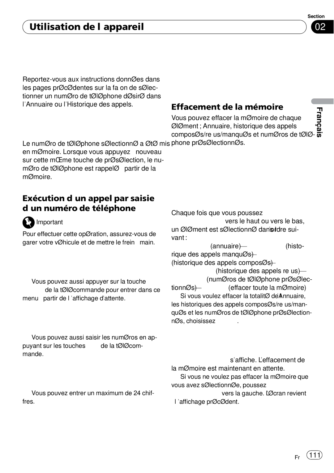 Pioneer DEH-P790BT operation manual Exécution d’un appel par saisie d’un numéro de téléphone, Effacement de la mémoire 