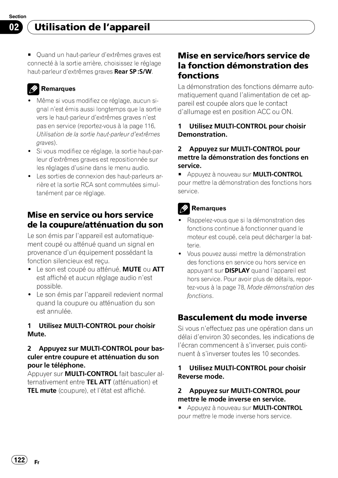 Pioneer DEH-P790BT operation manual Basculement du mode inverse, 122 Fr 