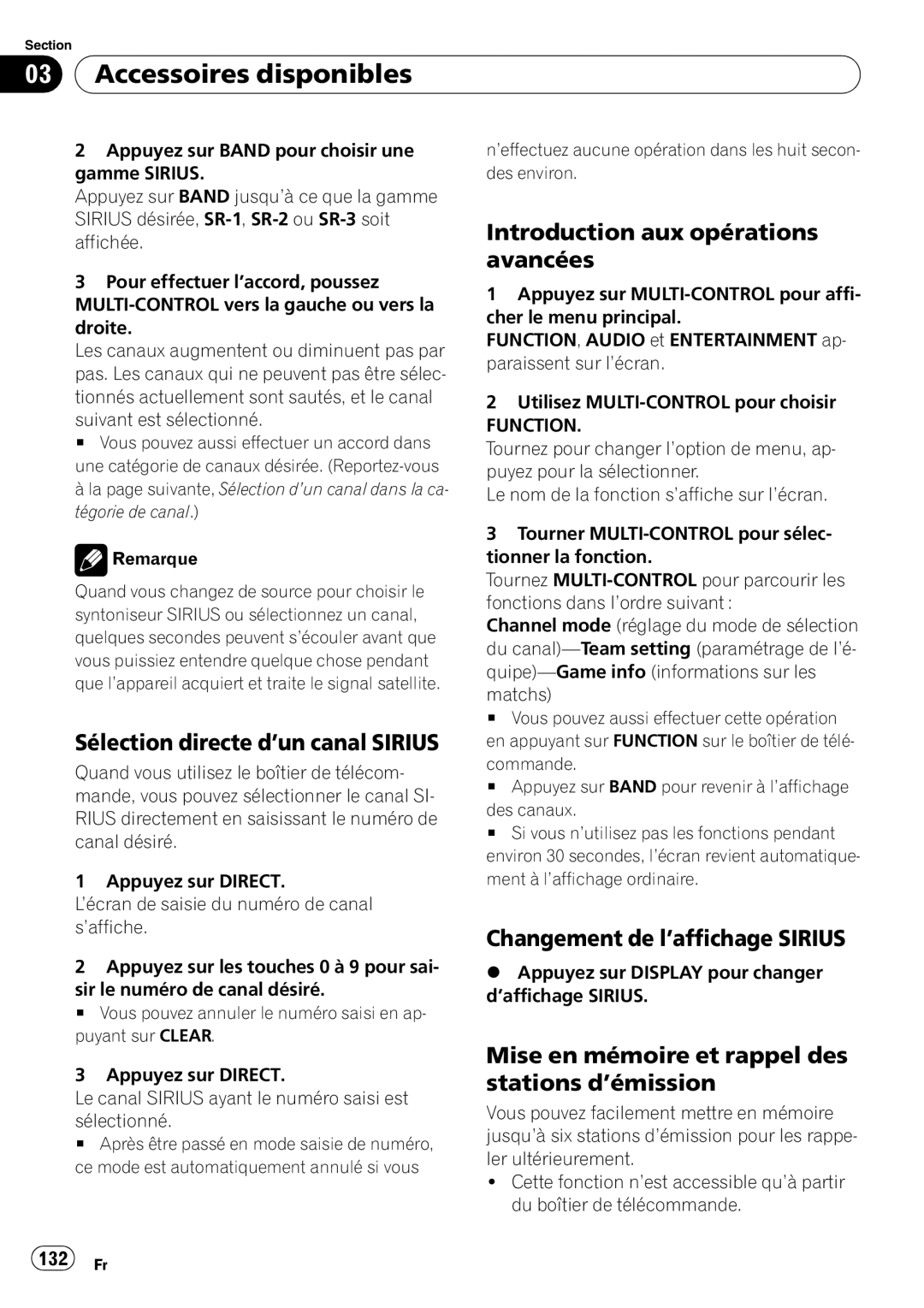 Pioneer DEH-P790BT operation manual Sélection directe d’un canal Sirius, Changement de l’affichage Sirius, 132 Fr 