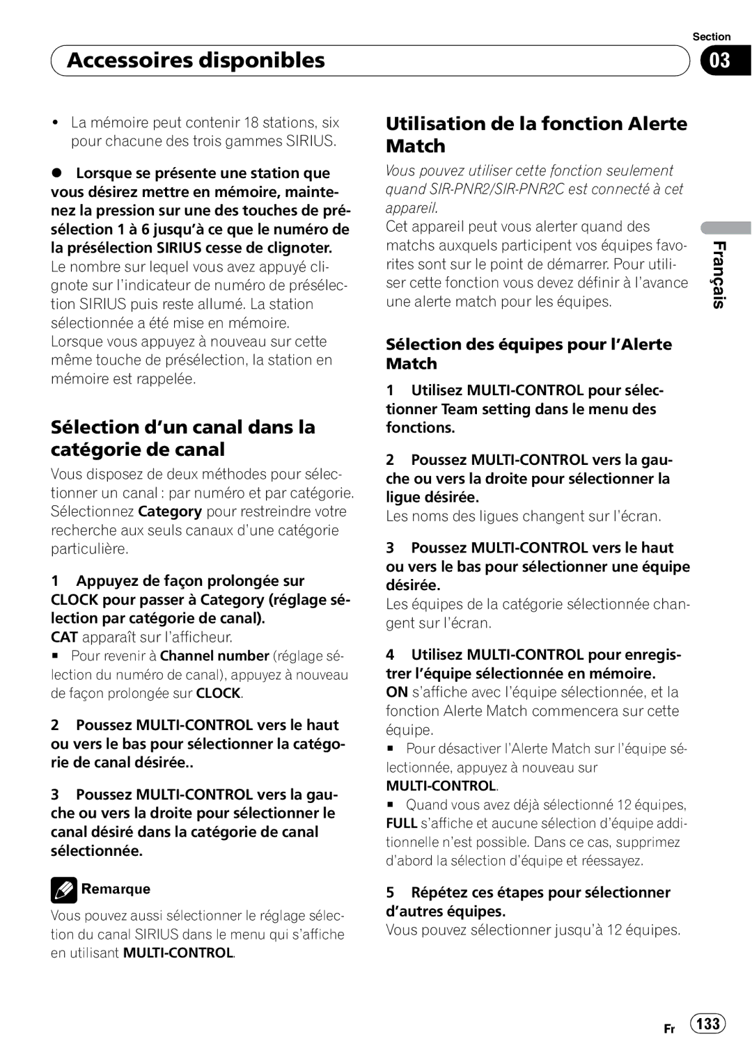 Pioneer DEH-P790BT operation manual Utilisation de la fonction Alerte Match, Sélection des équipes pour l’Alerte Match 