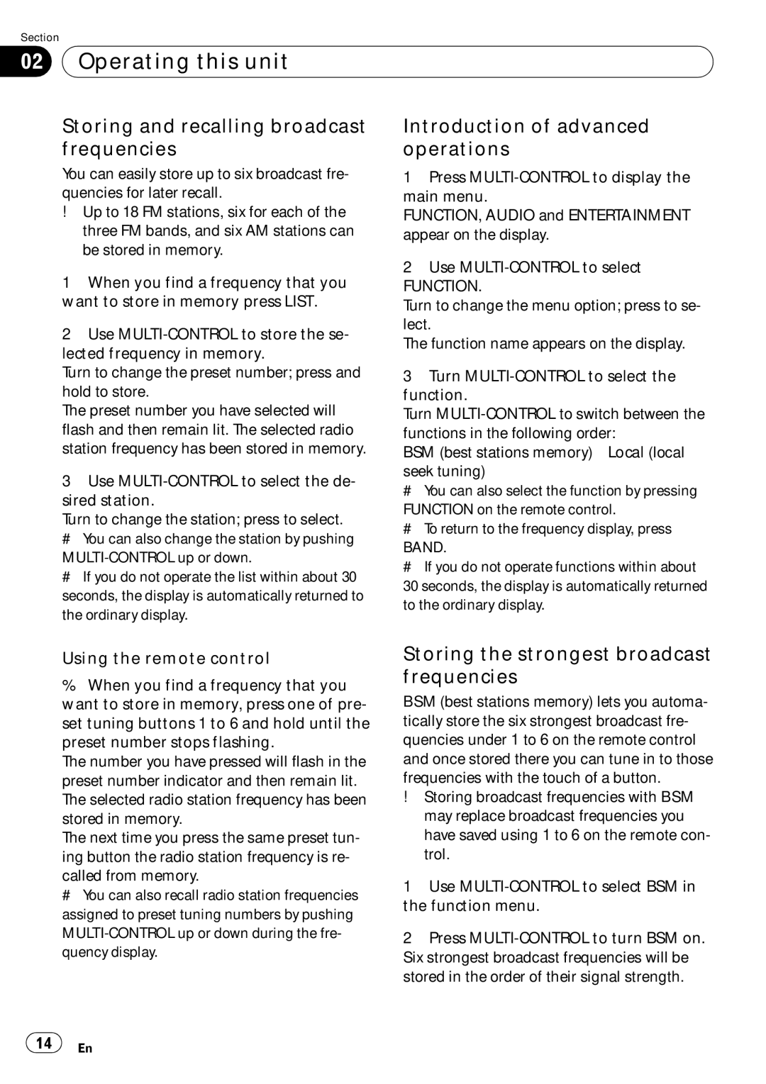 Pioneer DEH-P790BT operation manual Storing and recalling broadcast frequencies, Introduction of advanced operations 