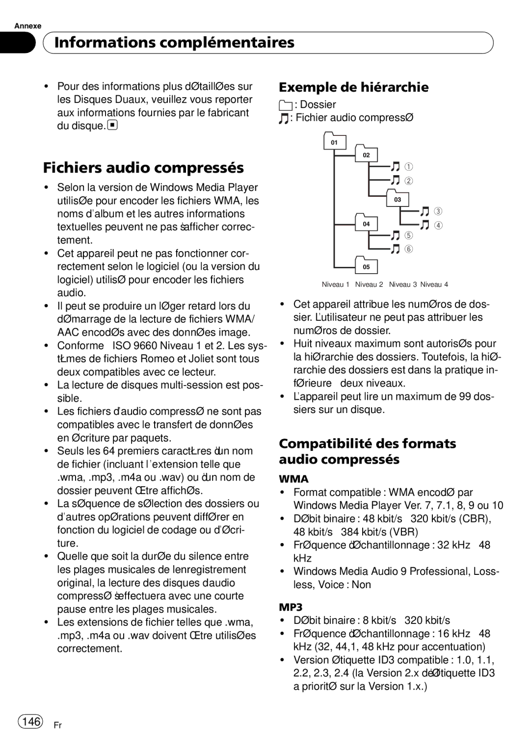 Pioneer DEH-P790BT Fichiers audio compressés, Exemple de hiérarchie, Compatibilité des formats audio compressés, 146 Fr 