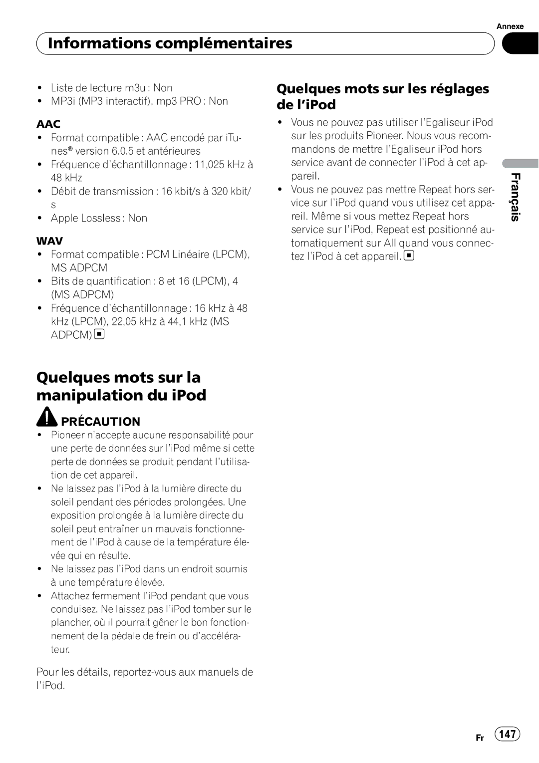 Pioneer DEH-P790BT operation manual Quelques mots sur la manipulation du iPod, Quelques mots sur les réglages de l’iPod 