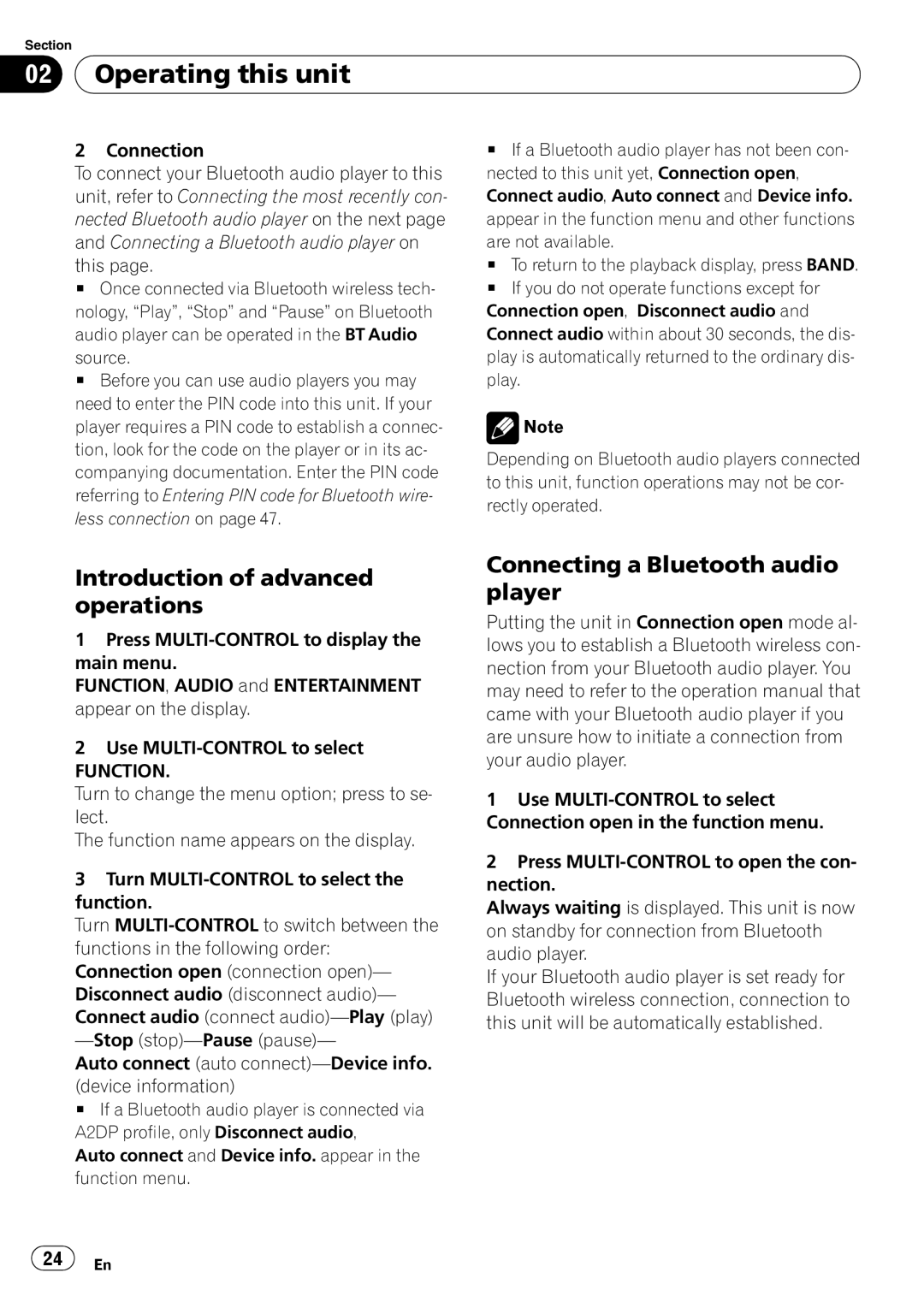 Pioneer DEH-P790BT operation manual Introduction of advanced operations, Connecting a Bluetooth audio player 