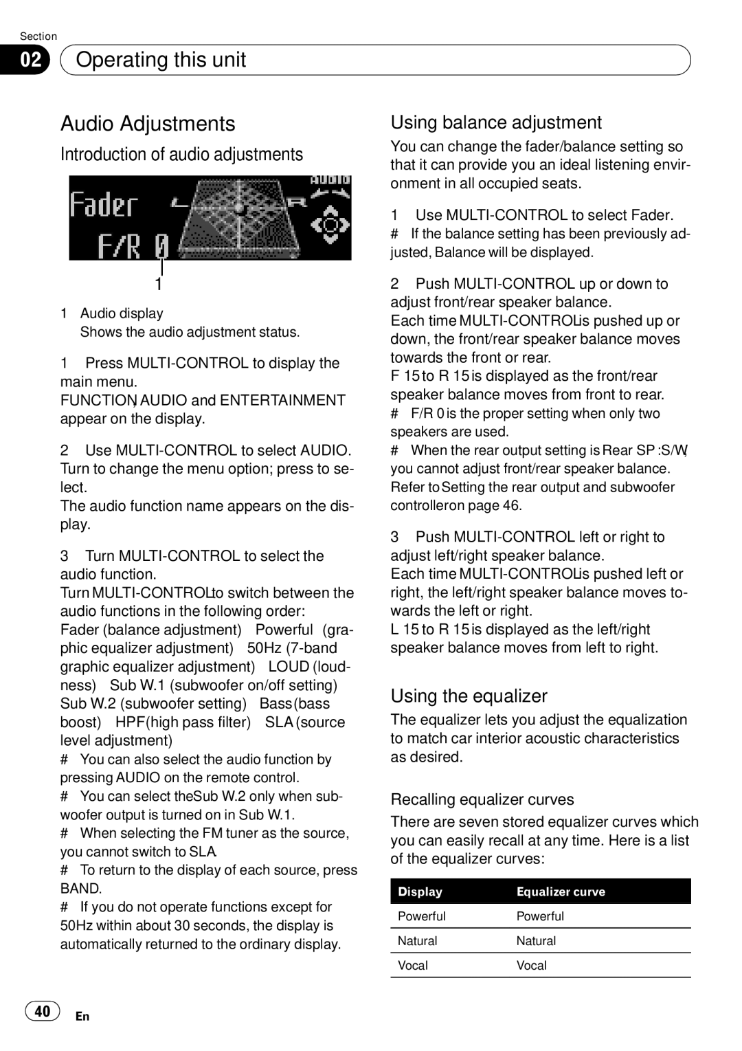 Pioneer DEH-P790BT Operating this unit Audio Adjustments, Using balance adjustment, Introduction of audio adjustments 