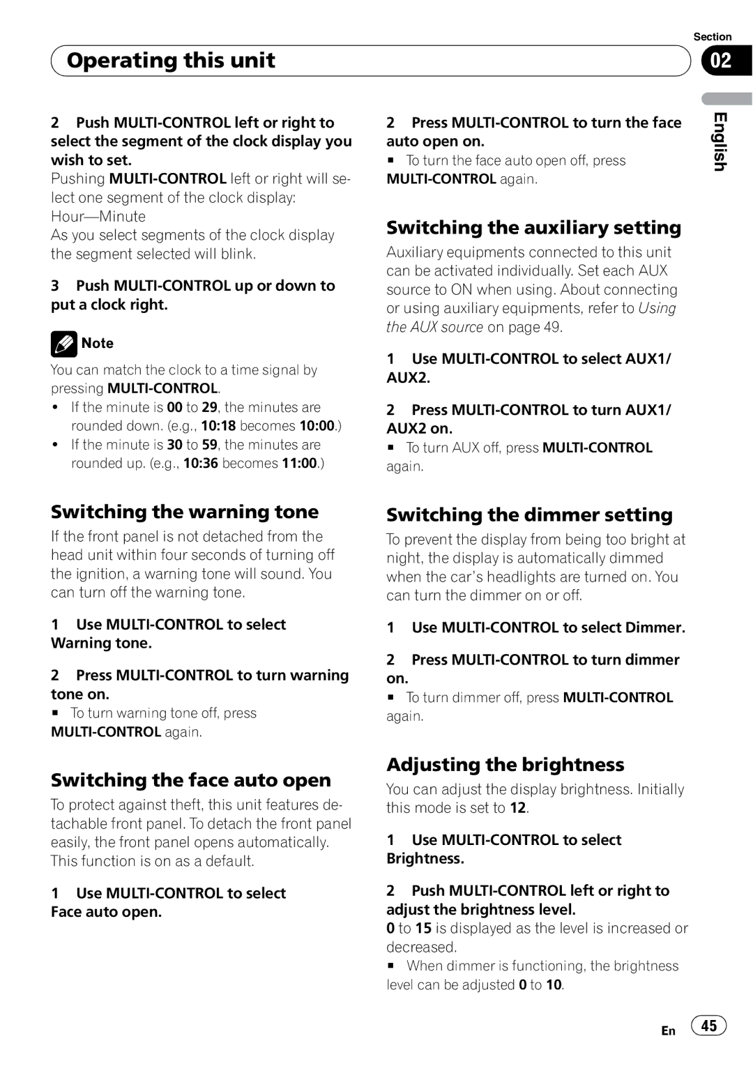 Pioneer DEH-P790BT Switching the auxiliary setting, Switching the warning tone, Switching the face auto open 