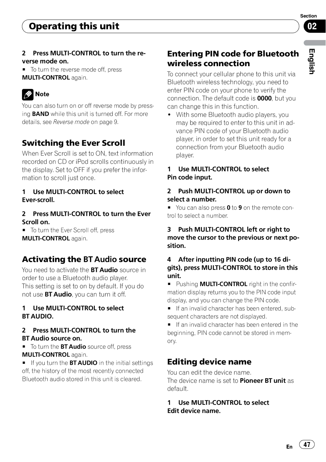 Pioneer DEH-P790BT operation manual Switching the Ever Scroll, Activating the BT Audio source, Editing device name 