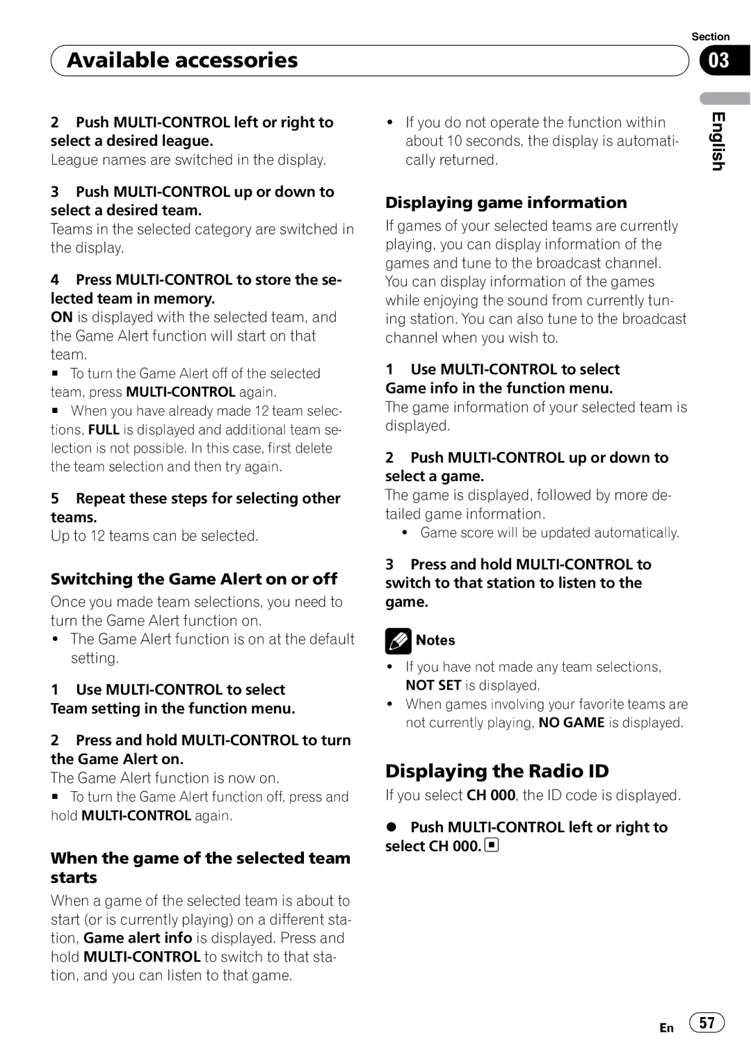 Pioneer DEH-P790BT operation manual Switching the Game Alert on or off, When the game of the selected team starts 