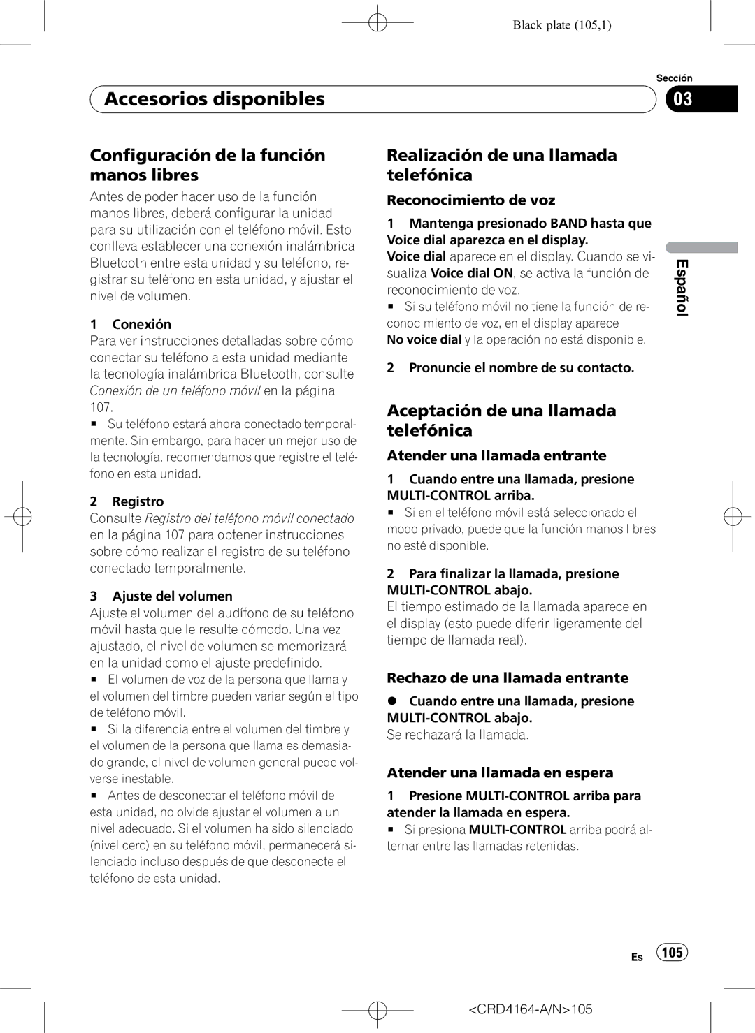 Pioneer DEH-P7950UB operation manual Configuración de la función manos libres, Realización de una llamada telefónica 