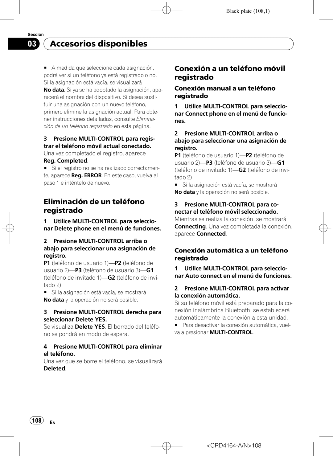 Pioneer DEH-P7950UB operation manual Eliminación de un teléfono registrado, Conexión a un teléfono móvil registrado, 108 Es 