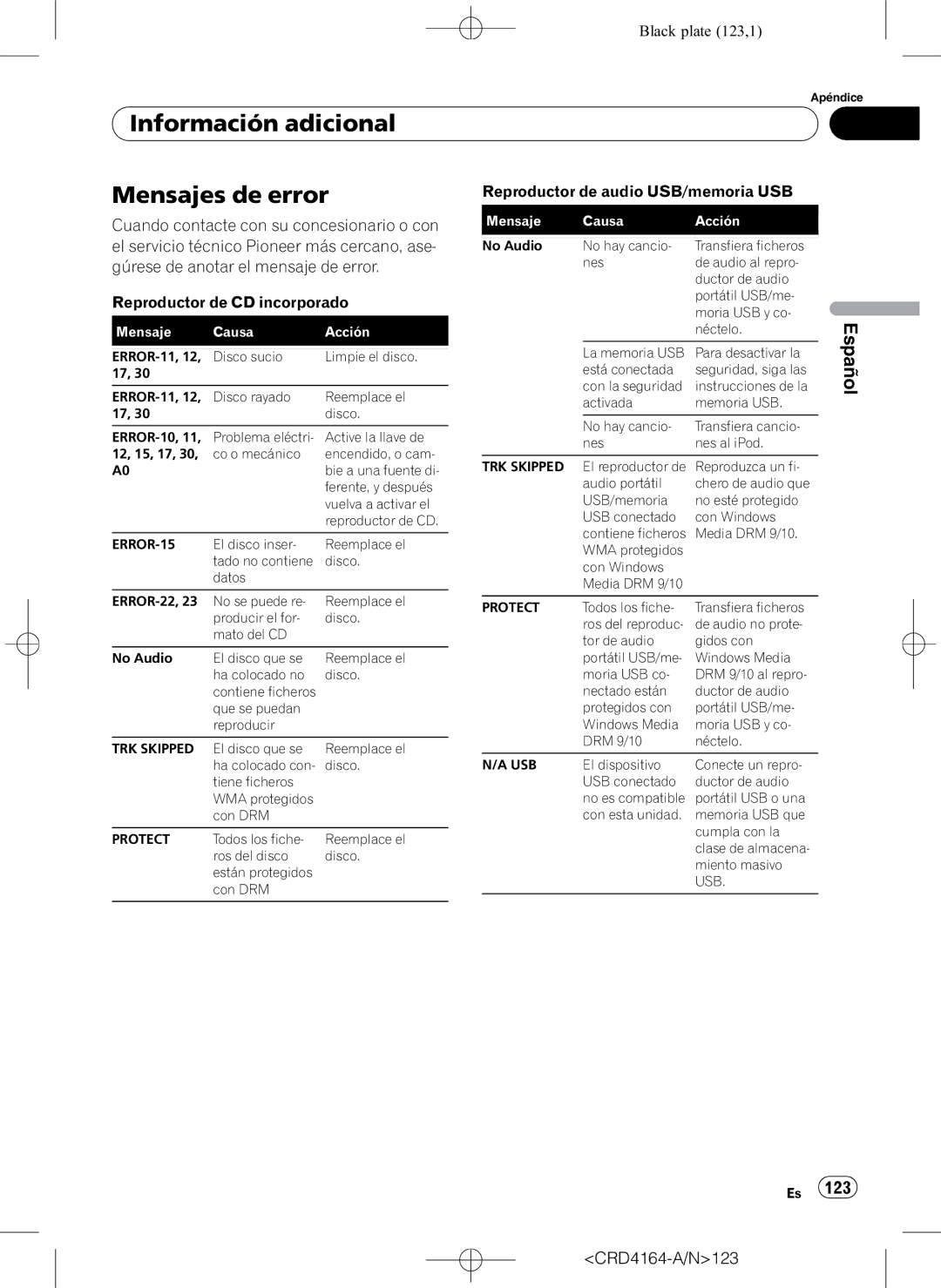 Pioneer DEH-P7950UB operation manual Información adicional Mensajes de error, 123 