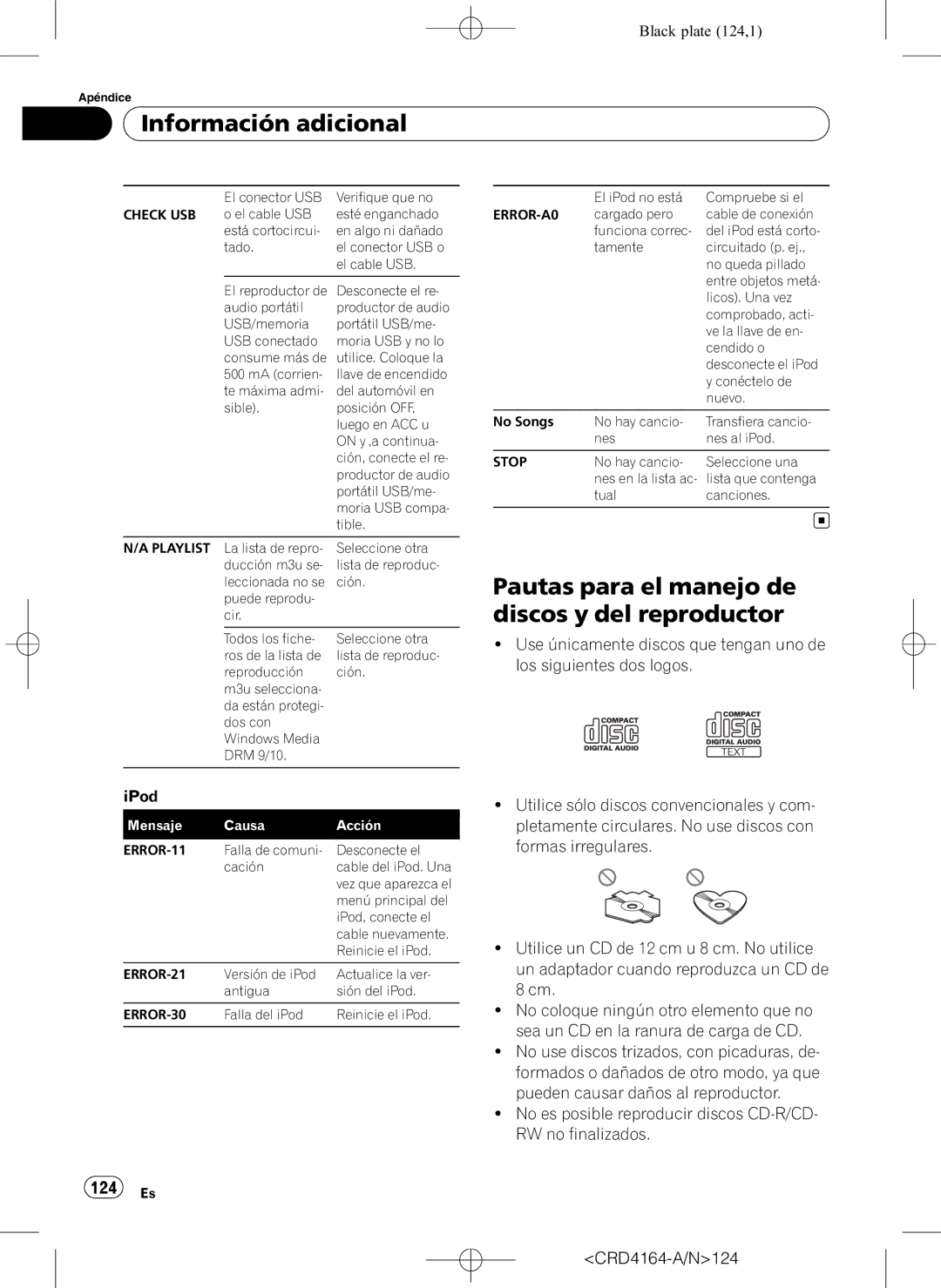 Pioneer DEH-P7950UB Información adicional, Pautas para el manejo de discos y del reproductor, 124 Es, CRD4164-A/N124 