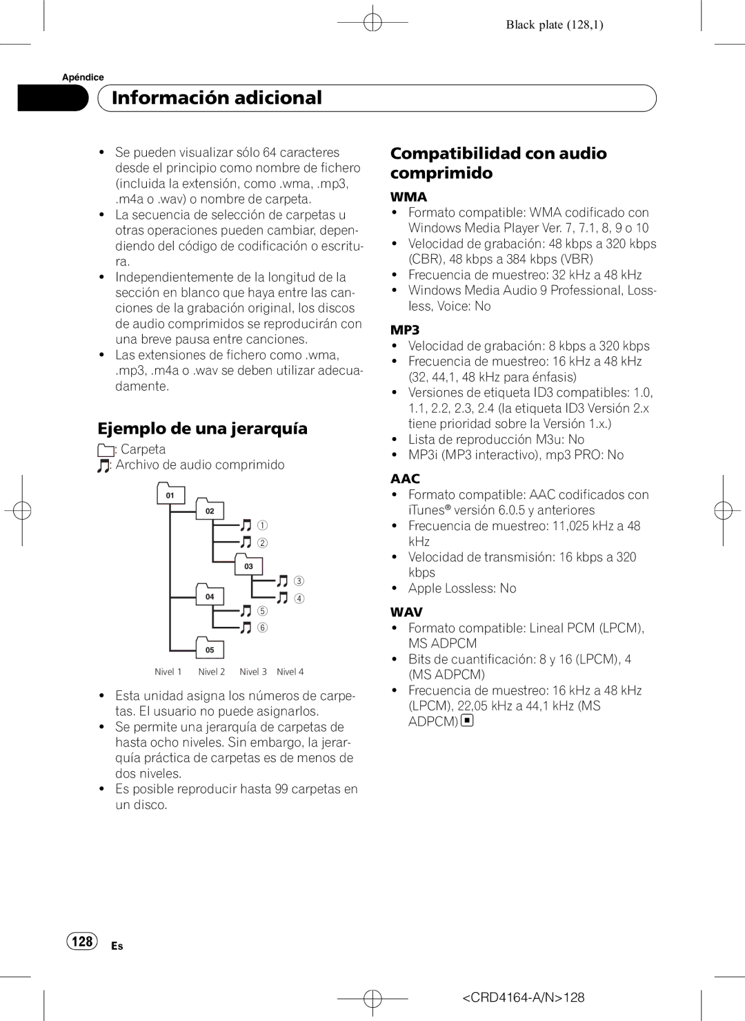 Pioneer DEH-P7950UB operation manual Ejemplo de una jerarquía, Compatibilidad con audio comprimido, 128 Es 