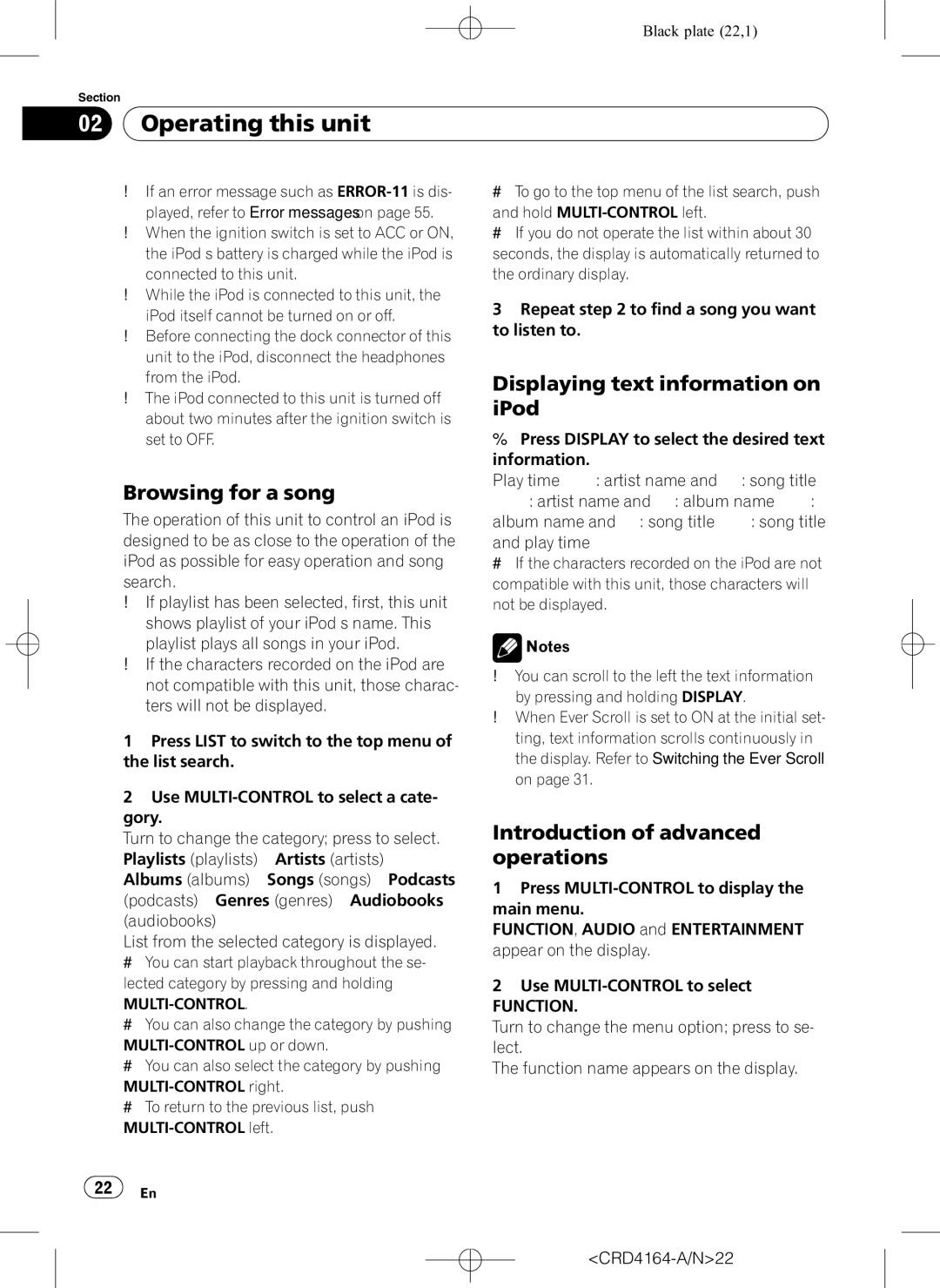 Pioneer DEH-P7950UB operation manual Browsing for a song, Displaying text information on iPod, CRD4164-A/N22 