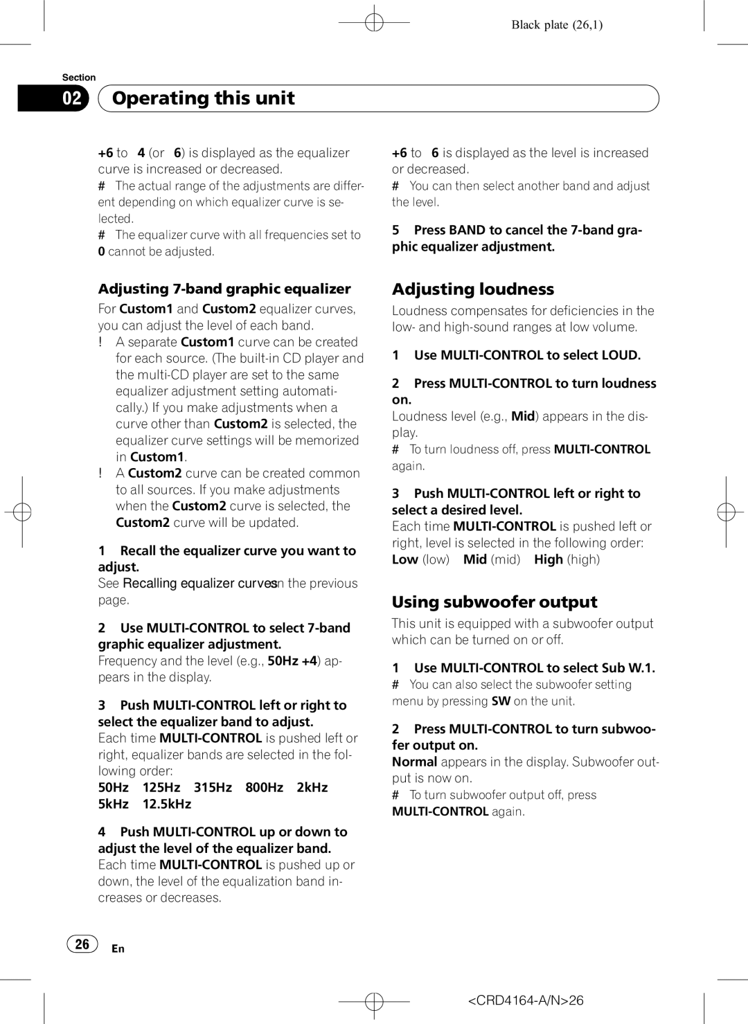 Pioneer DEH-P7950UB Adjusting loudness, Using subwoofer output, Adjusting 7-band graphic equalizer, CRD4164-A/N26 