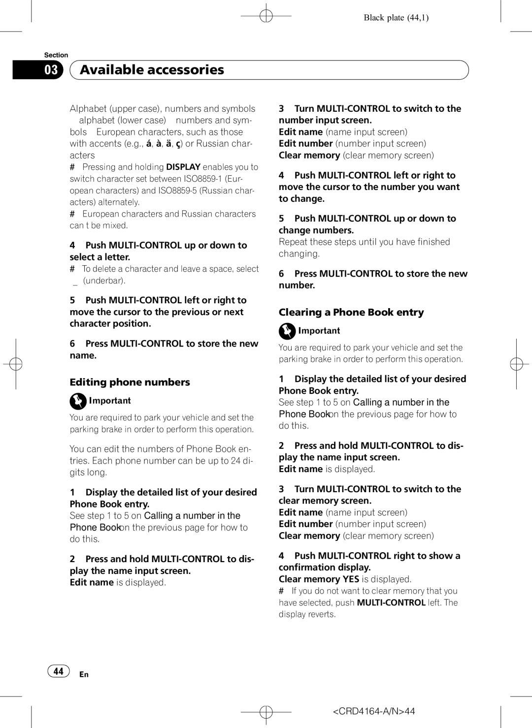Pioneer DEH-P7950UB operation manual Editing phone numbers, Clearing a Phone Book entry, CRD4164-A/N44 