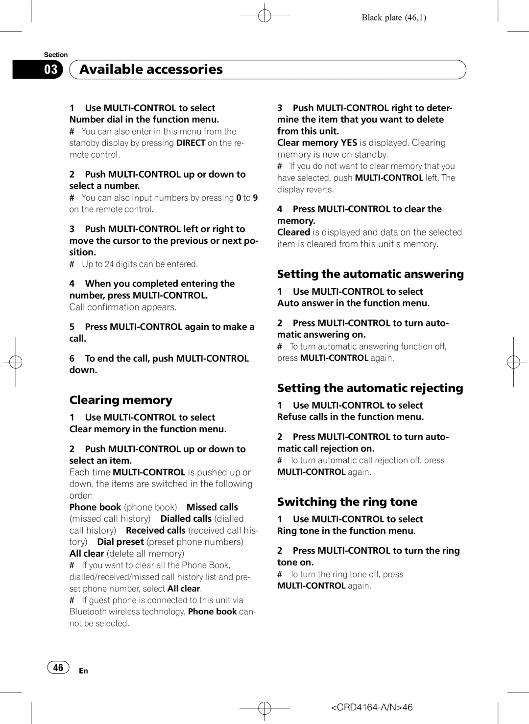 Pioneer DEH-P7950UB Setting the automatic answering, Clearing memory, Setting the automatic rejecting, CRD4164-A/N46 