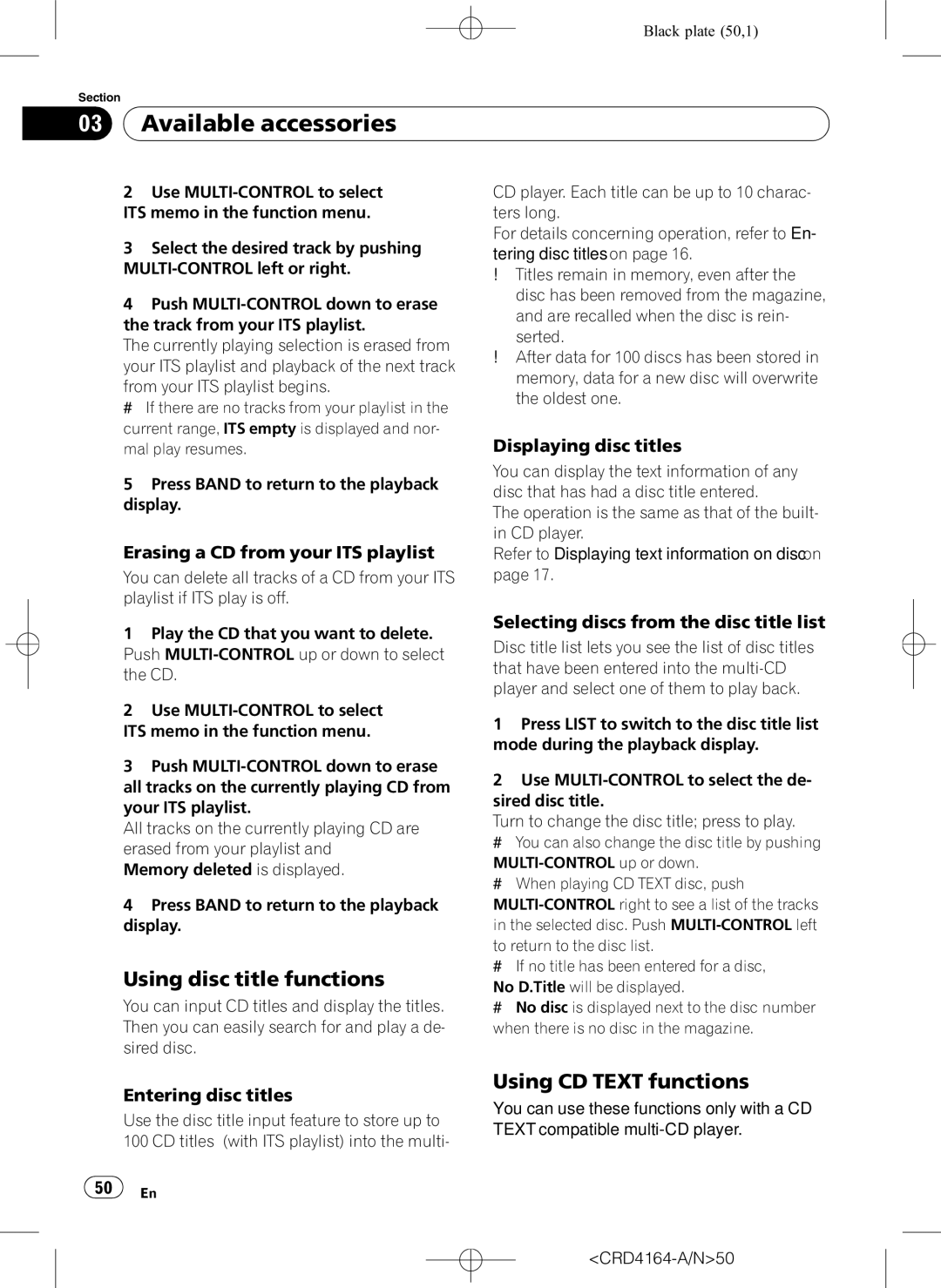 Pioneer DEH-P7950UB Using CD Text functions, Erasing a CD from your ITS playlist, Displaying disc titles, CRD4164-A/N50 