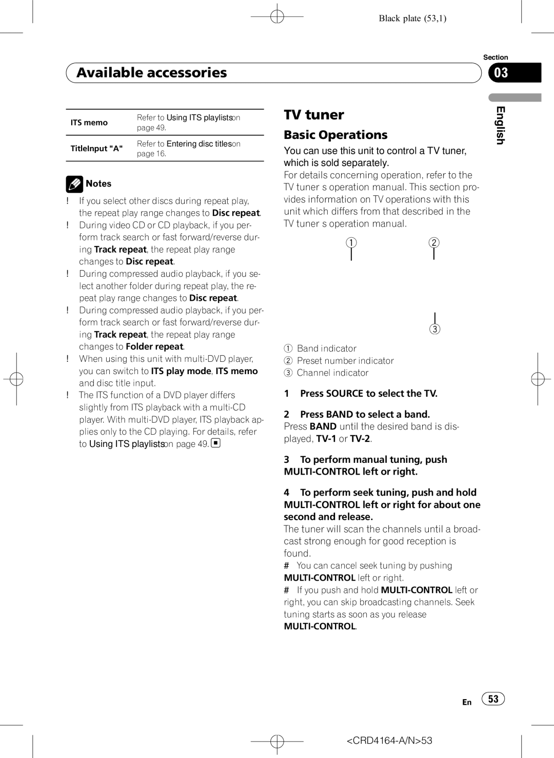 Pioneer DEH-P7950UB operation manual TV tuner, English, CRD4164-A/N53 