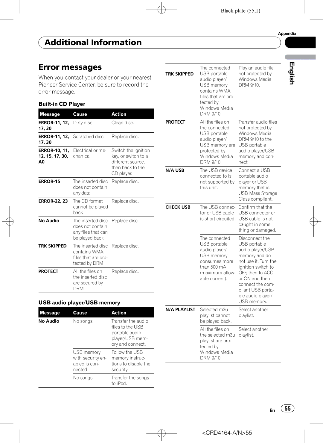 Pioneer DEH-P7950UB operation manual Additional Information Error messages, CRD4164-A/N55 