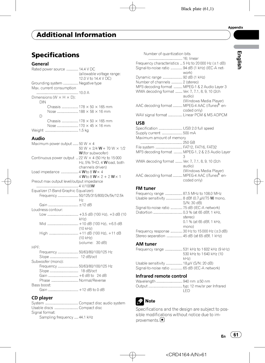 Pioneer DEH-P7950UB operation manual Additional Information Specifications, Usb 