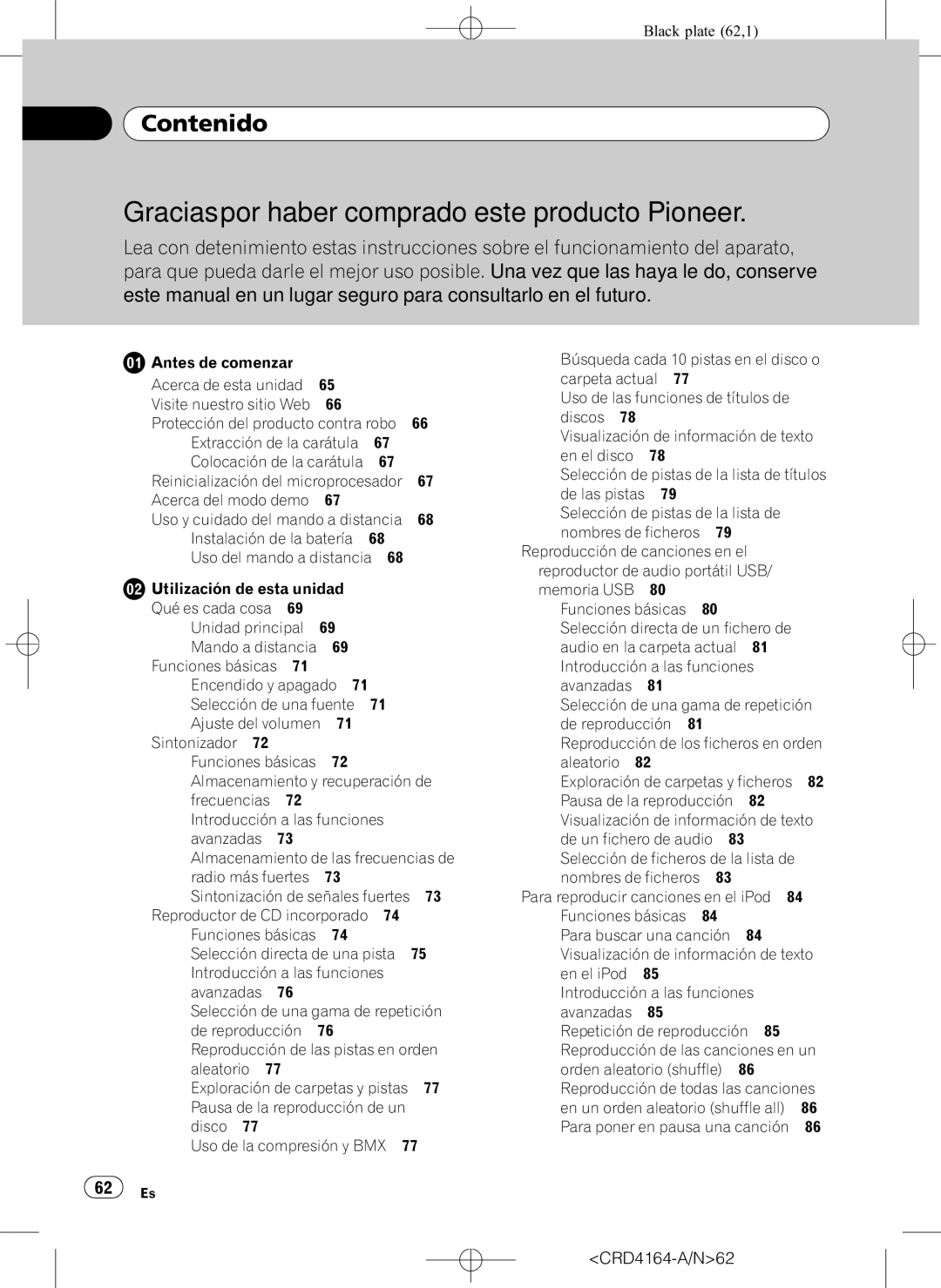 Pioneer DEH-P7950UB Contenido, Antes de comenzar Acerca de esta unidad, Protección del producto contra robo, CRD4164-A/N62 