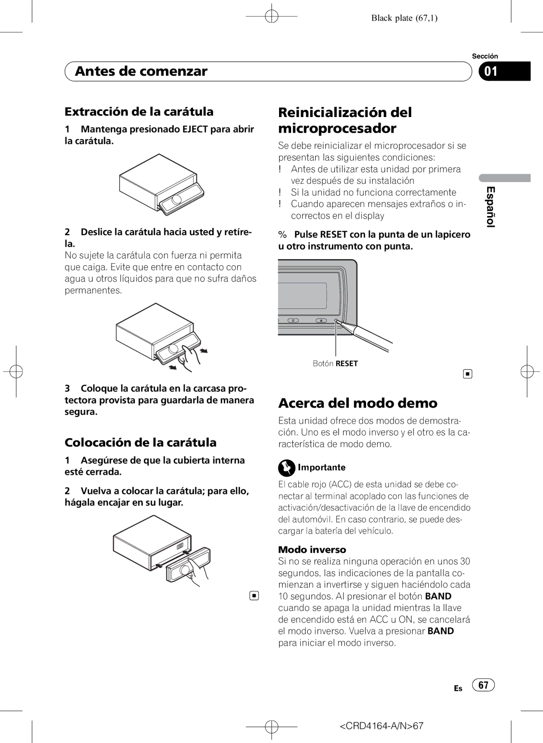 Pioneer DEH-P7950UB operation manual Reinicialización del, Microprocesador, Acerca del modo demo, Extracción de la carátula 