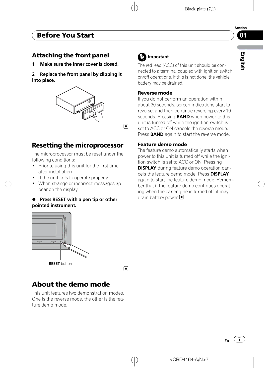 Pioneer DEH-P7950UB operation manual Resetting the microprocessor, About the demo mode, Attaching the front panel 