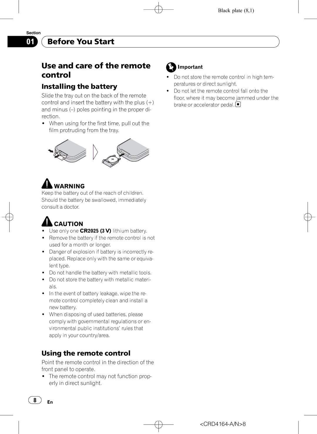 Pioneer DEH-P7950UB Before You Start Use and care of the remote Control, Installing the battery, Using the remote control 