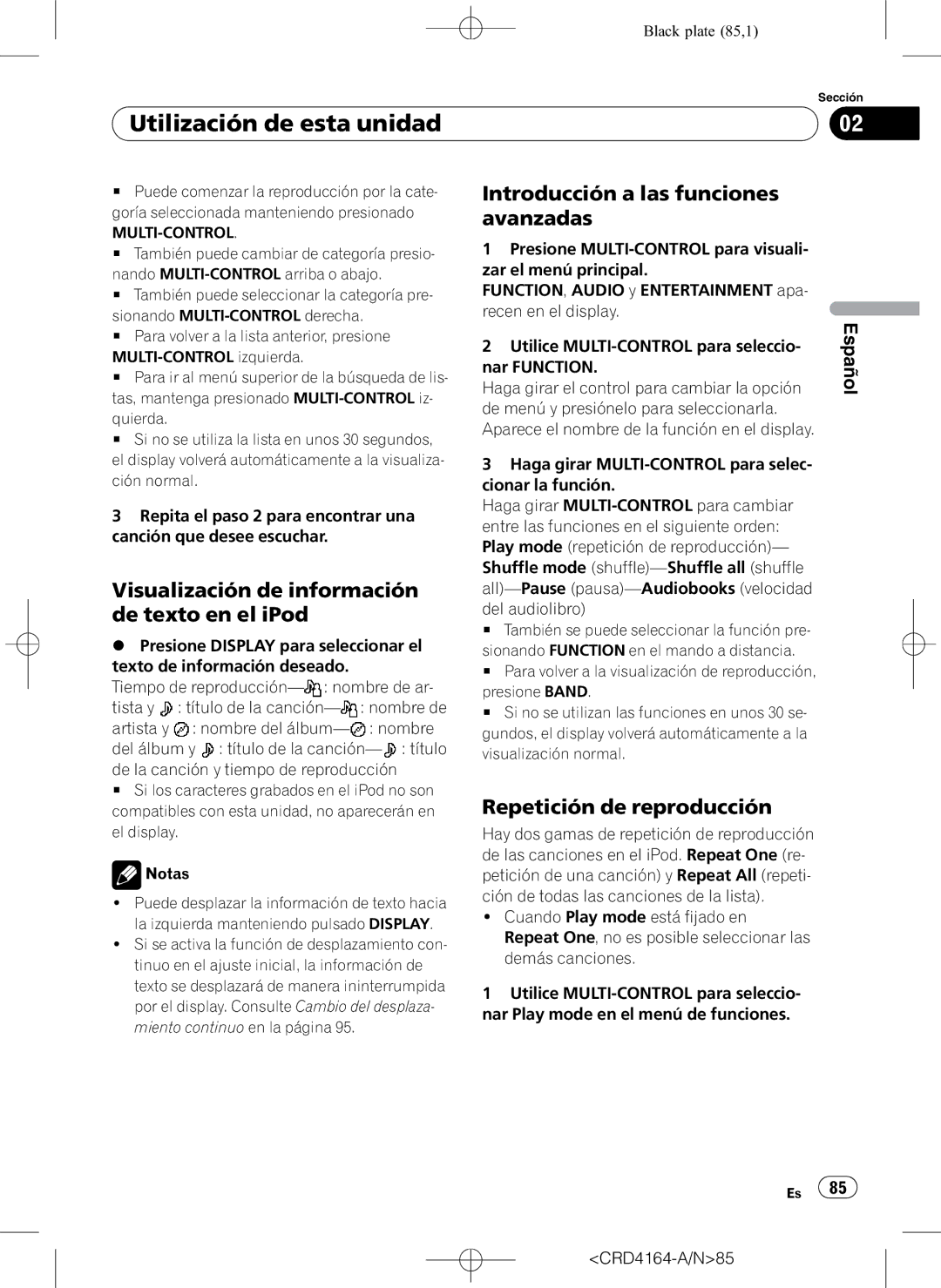 Pioneer DEH-P7950UB Visualización de información de texto en el iPod, Repetición de reproducción, CRD4164-A/N85 
