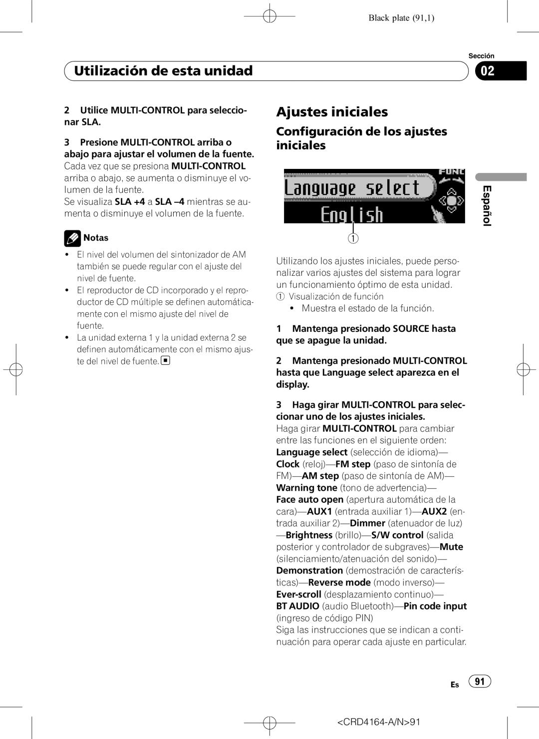 Pioneer DEH-P7950UB operation manual Ajustes iniciales, Configuración de los ajustes, Iniciales, Nar SLA 