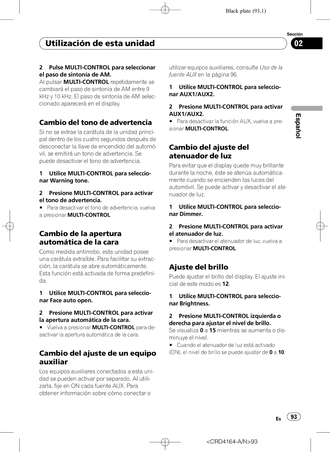 Pioneer DEH-P7950UB Cambio del tono de advertencia, Cambio del ajuste del atenuador de luz, Ajuste del brillo 