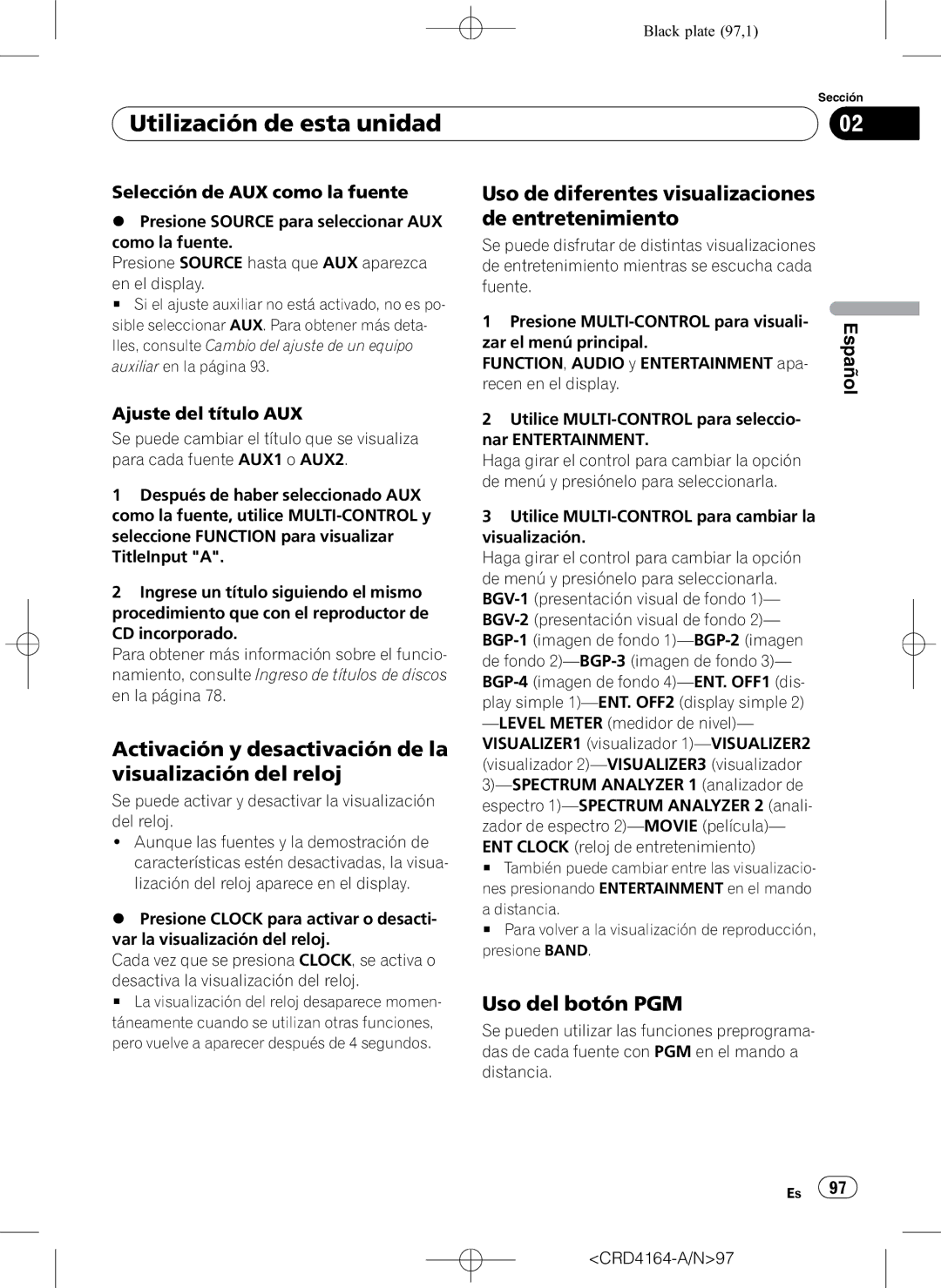 Pioneer DEH-P7950UB Activación y desactivación de la visualización del reloj, Uso del botón PGM, Ajuste del título AUX 