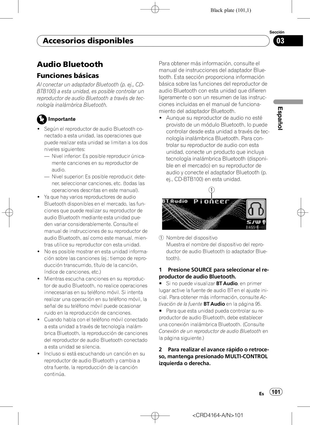 Pioneer DEH-P7950UB operation manual Audio Bluetooth, Black plate 101,1, Accesorios disponibles, Funciones básicas, Español 