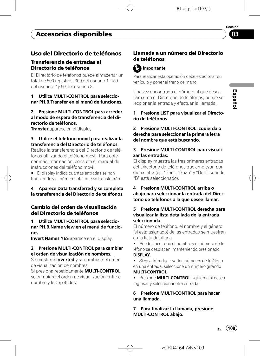 Pioneer DEH-P7950UB operation manual Uso del Directorio de teléfonos, Accesorios disponibles, Español 
