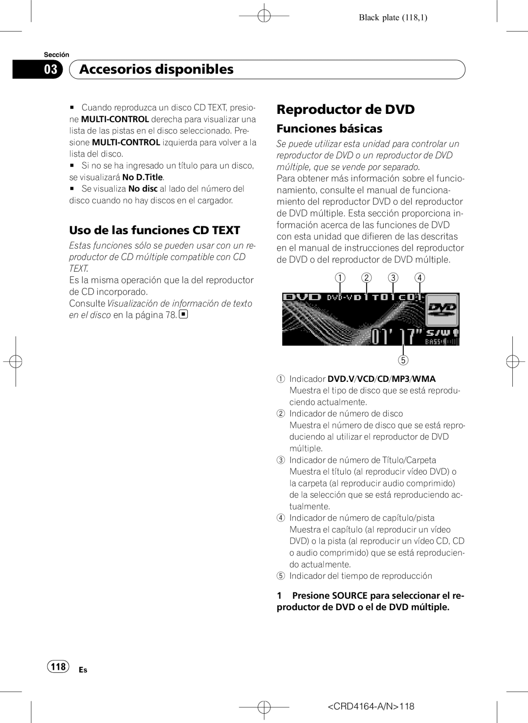 Pioneer DEH-P7950UB Reproductor de DVD, Uso de las funciones CD TEXT, 1 2 3, 118 Es, Accesorios disponibles 