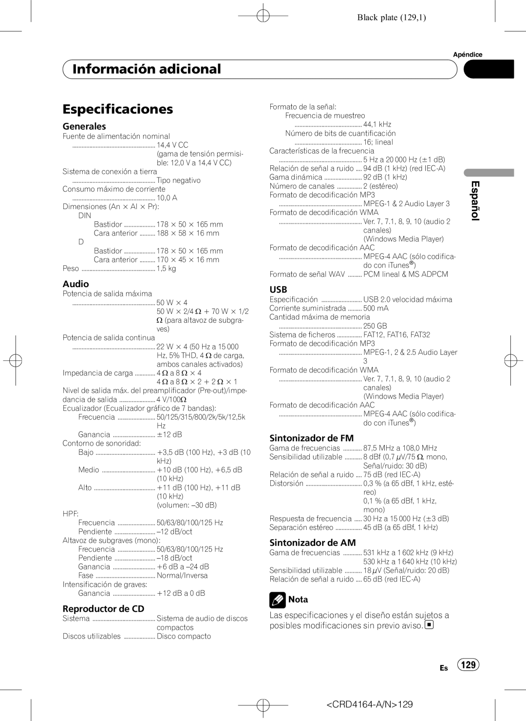 Pioneer DEH-P7950UB operation manual Especificaciones, Black plate 129,1, Información adicional, Español 