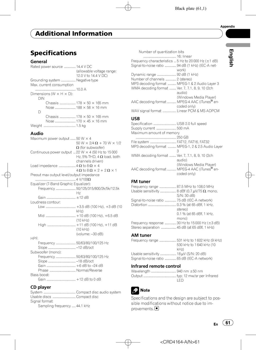 Pioneer DEH-P7950UB operation manual Specifications, Black plate 61,1, Additional Information, English 