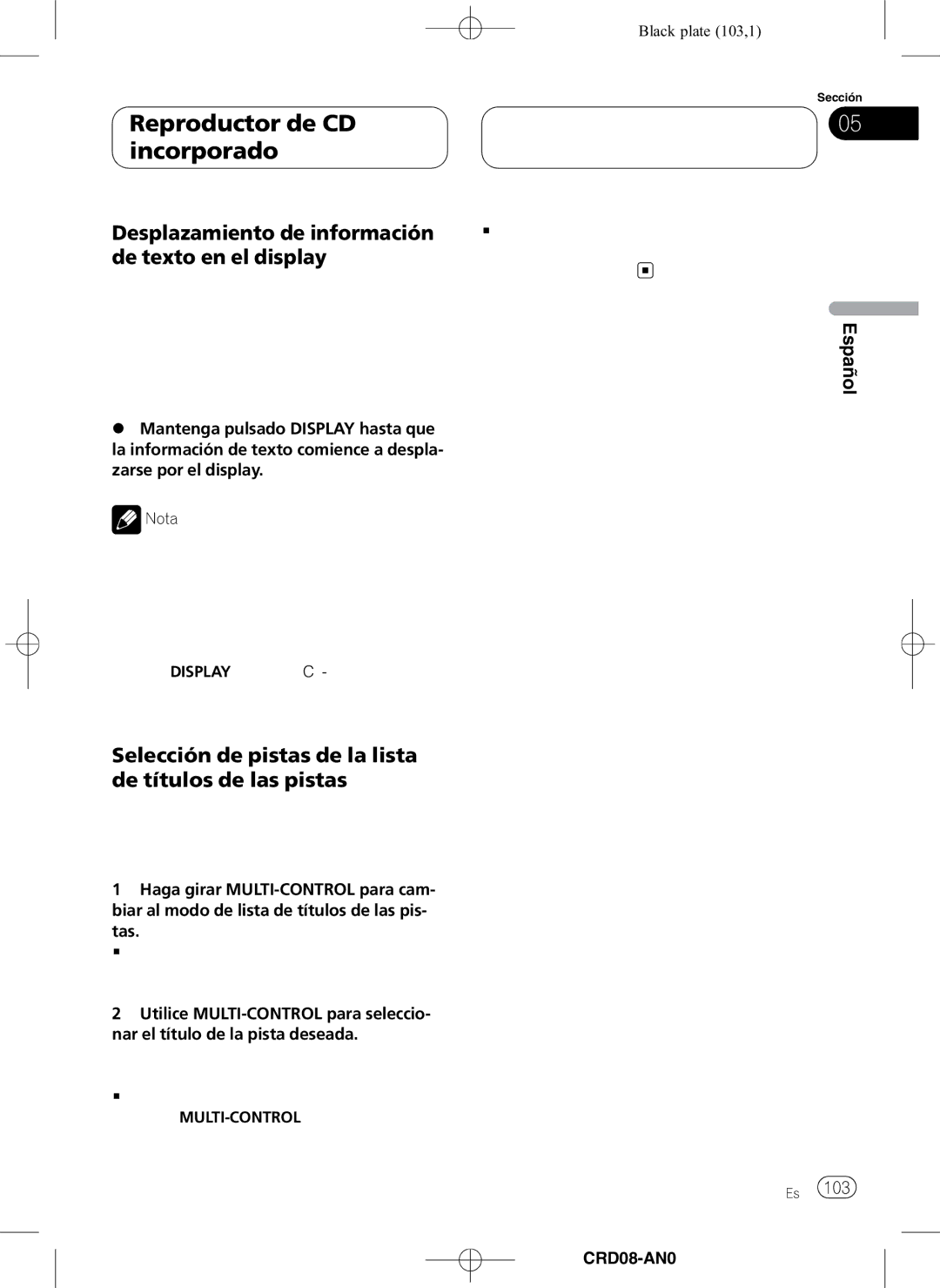 Pioneer DEH-P80RS operation manual Desplazamiento de información de texto en el display, CRD4082-A/N103 