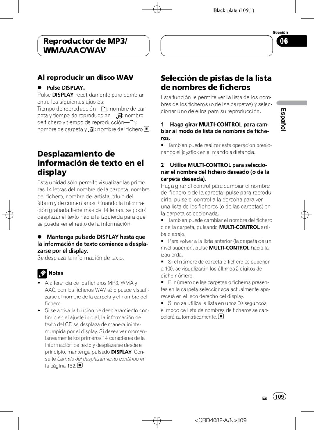 Pioneer DEH-P80RS operation manual Desplazamiento de información de texto en el display, Al reproducir un disco WAV 